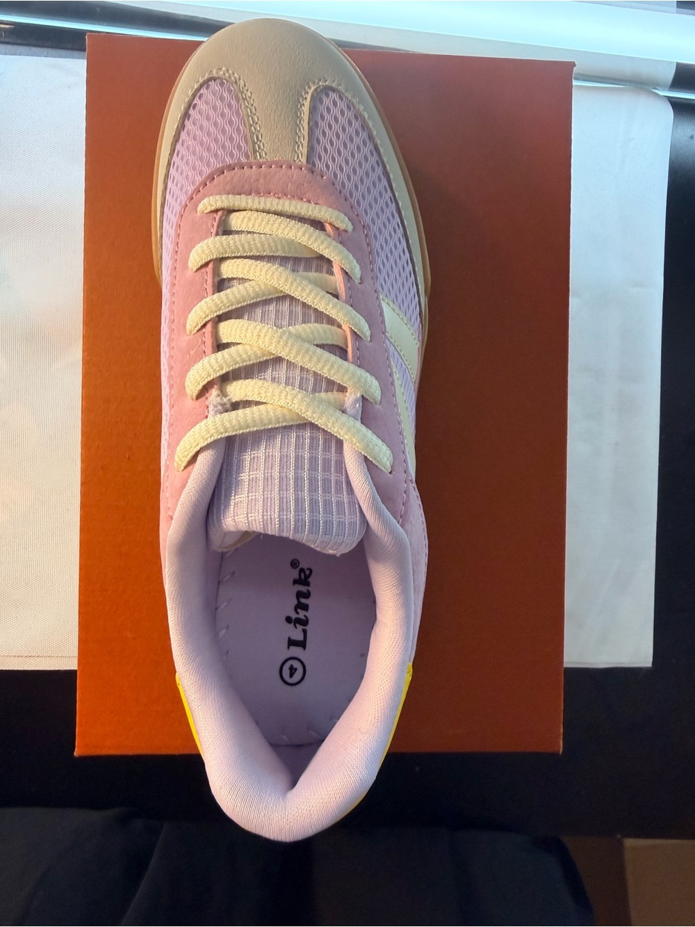 Forever Link Pink and Cream Lace-Up Kids Sneakers with Yellow Heel Tab